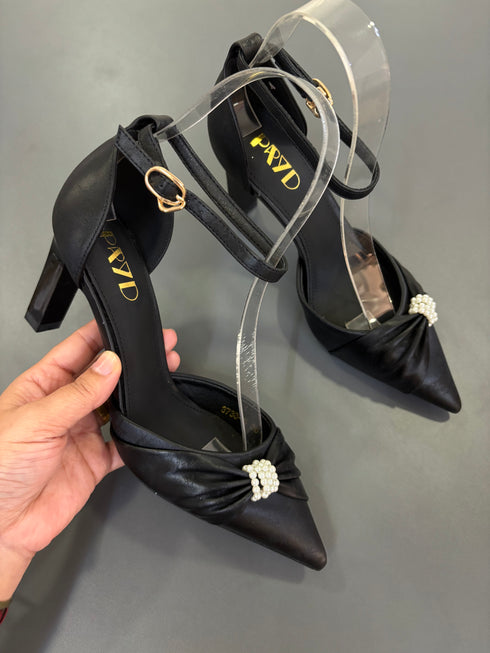 Ladies Elegant Pearl Decor Bow Pointy Toe Heel